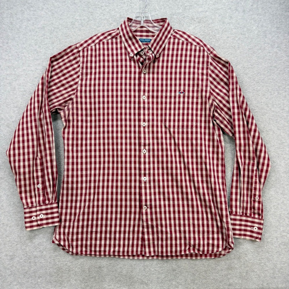 Fish Hippie Shirt Men Large Red Gingham Plaid Solace Collection Stretch Oxford
